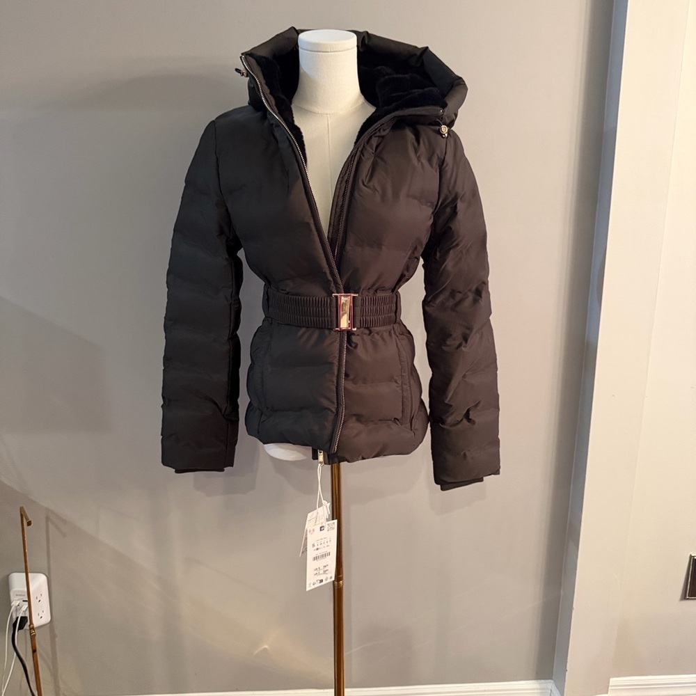 ZARA Women's Black Belted Hooded Puffer Jacket